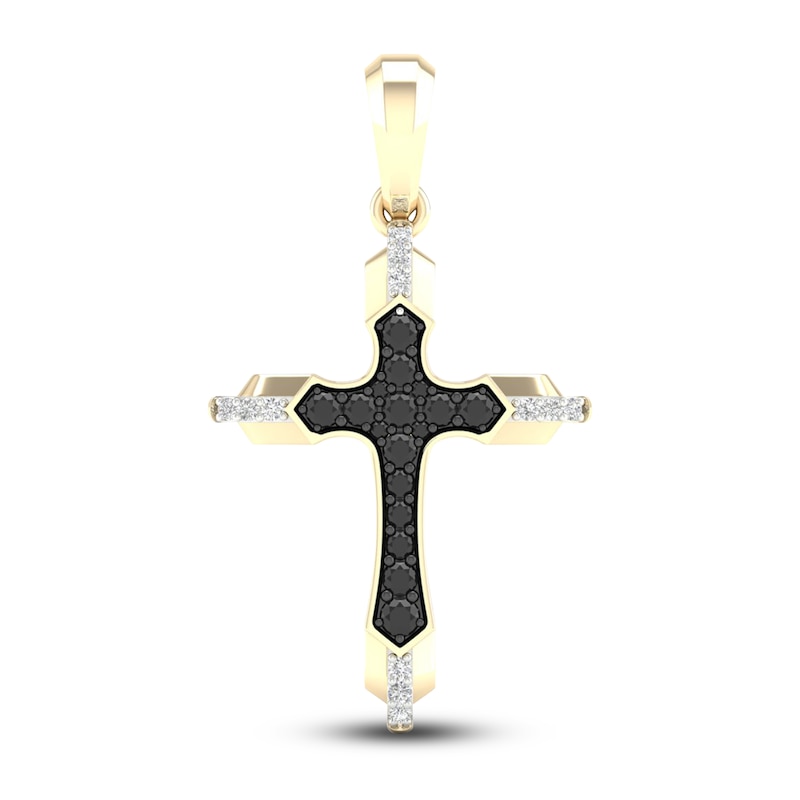 Men's Black/White Diamond Cross Charm 3/4 ct tw Round 10K Yellow Gold