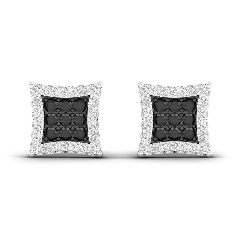 Men's Black Diamond Stud Earrings 1 ct tw Round 10K White Gold