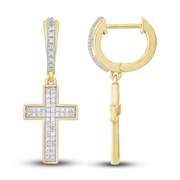 Men's Diamond Cross Dangle Hoop Earrings 1/5 ct tw Round 10K Yellow Gold