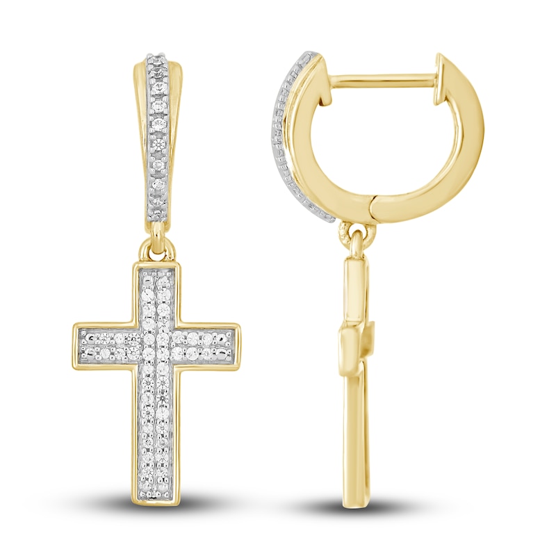 Main Image 1 of Men's Diamond Cross Dangle Hoop Earrings 1/5 ct tw Round 10K Yellow Gold