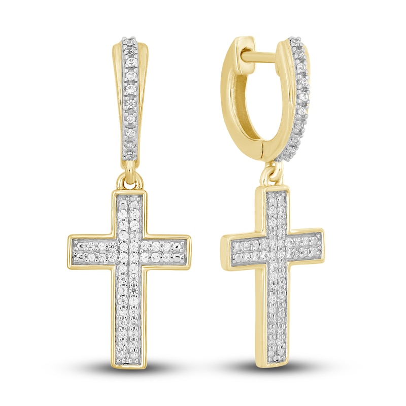 Main Image 2 of Men's Diamond Cross Dangle Hoop Earrings 1/5 ct tw Round 10K Yellow Gold
