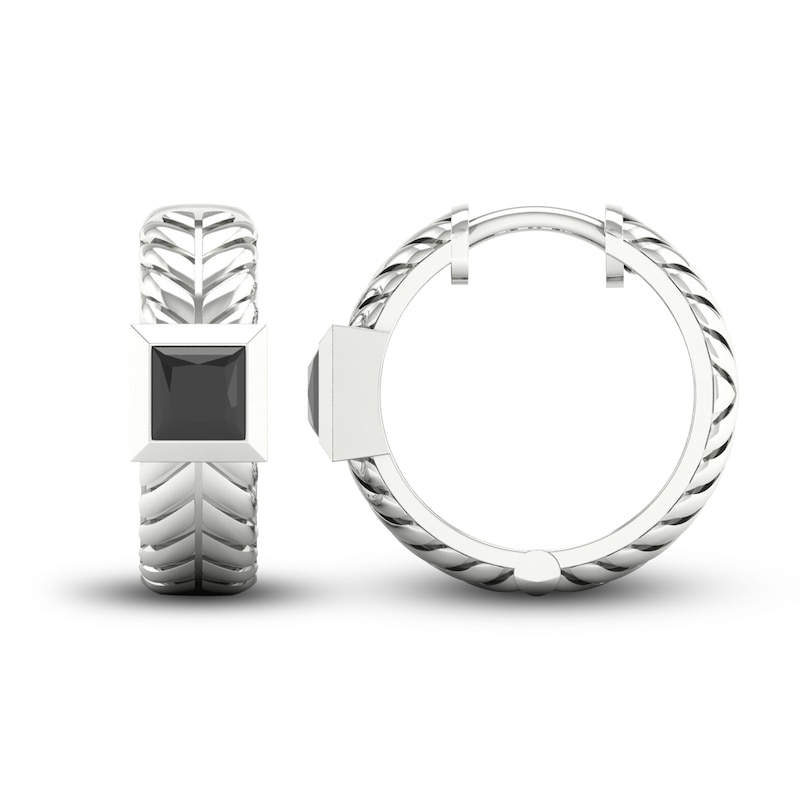 Main Image 2 of Men's Black Diamond Hoop Earrings 1 ct tw Square-cut 10K White Gold