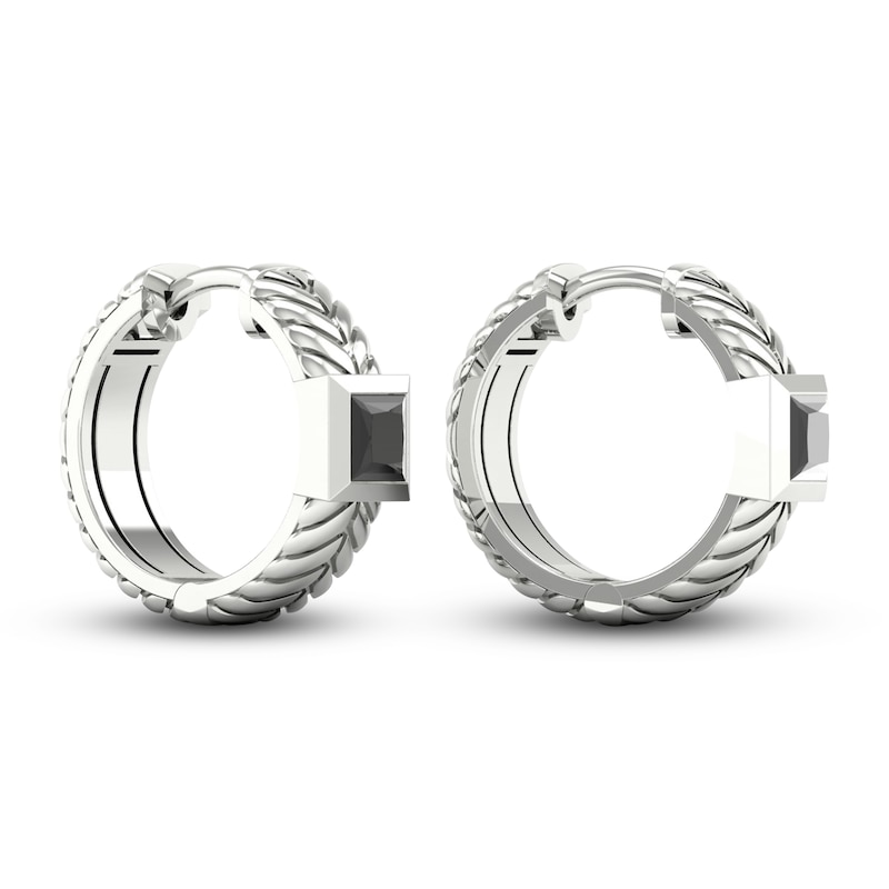 Main Image 3 of Men's Black Diamond Hoop Earrings 1 ct tw Square-cut 10K White Gold
