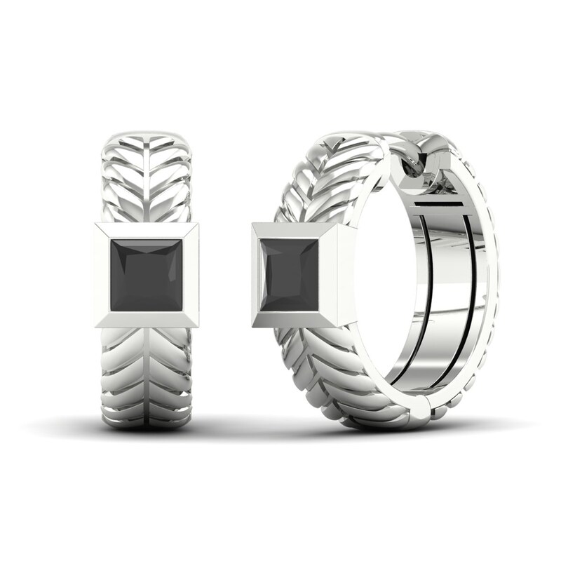 Main Image 4 of Men's Black Diamond Hoop Earrings 1 ct tw Square-cut 10K White Gold