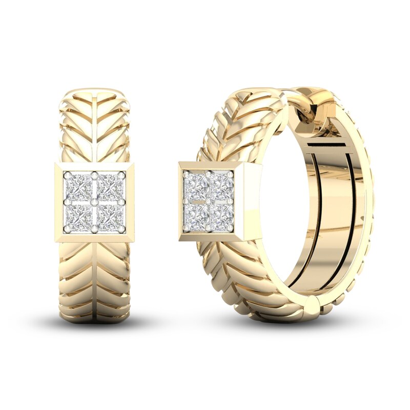 Main Image 4 of Men's Diamond Hoop Earrings 3/8 ct tw Square-cut 10K Yellow Gold