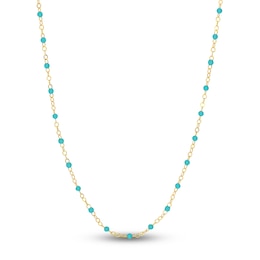 Solid Station Necklace Turquoise Enamel 14K Yellow Gold 18"