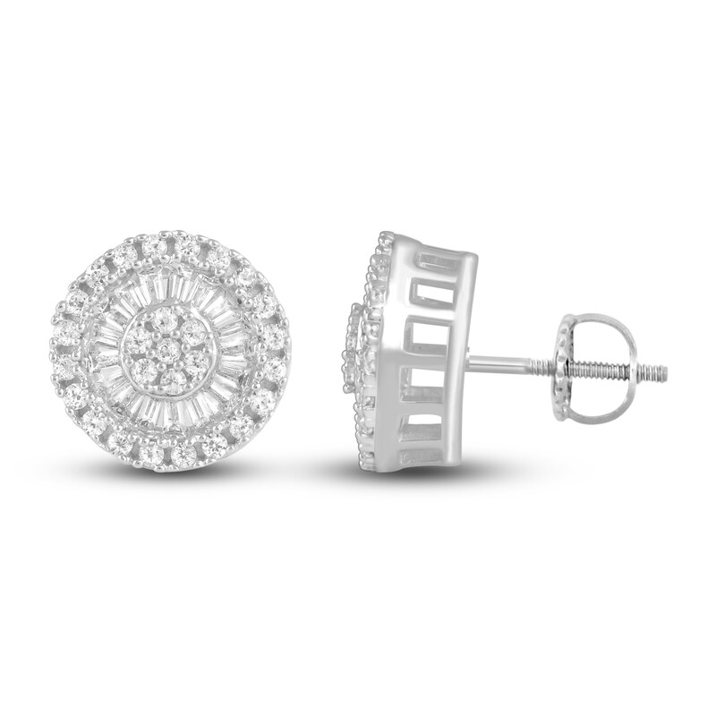 Men's Diamond Stud Earrings 3/4 ct tw Round/Baguette 10K White Gold