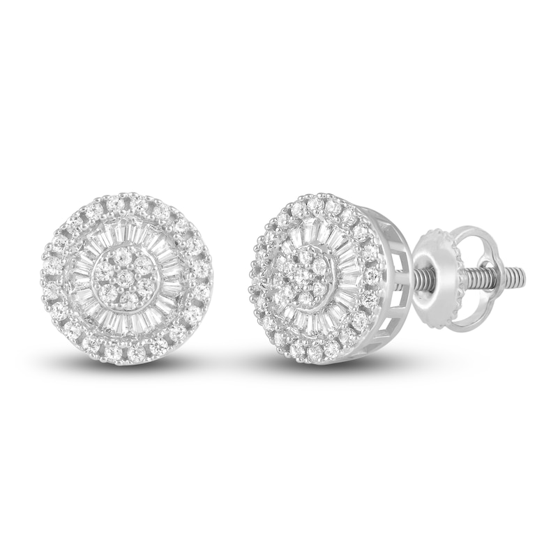 Main Image 2 of Men's Diamond Stud Earrings 3/4 ct tw Round/Baguette 10K White Gold