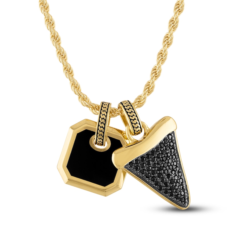 Main Image 1 of 1933 by Esquire Men's Black Diamond & Natural Agate Necklace 1/4 ct tw Round 18K Yellow Gold-Plated Sterling Silver 22"
