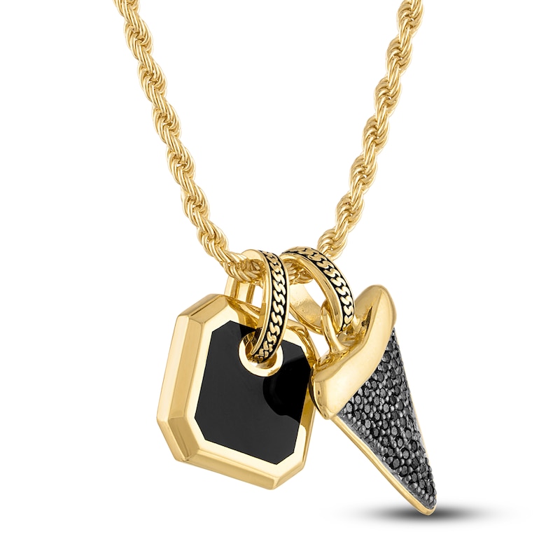 Main Image 2 of 1933 by Esquire Men's Black Diamond & Natural Agate Necklace 1/4 ct tw Round 18K Yellow Gold-Plated Sterling Silver 22"