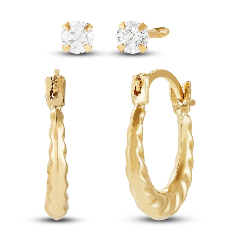Main Image 1 of Lab-Created Sapphire Stud & Twisted Hoop Earring Set 14K Yellow Gold