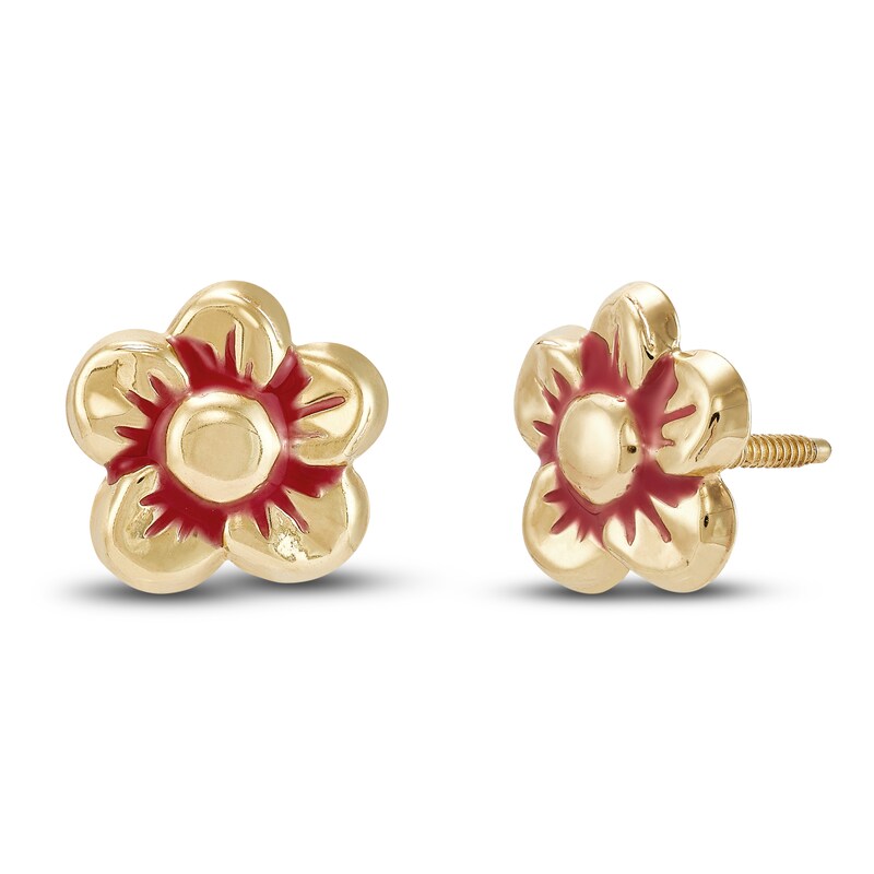 Main Image 1 of Flower Stud Earrings Red Enamel 14K Yellow Gold