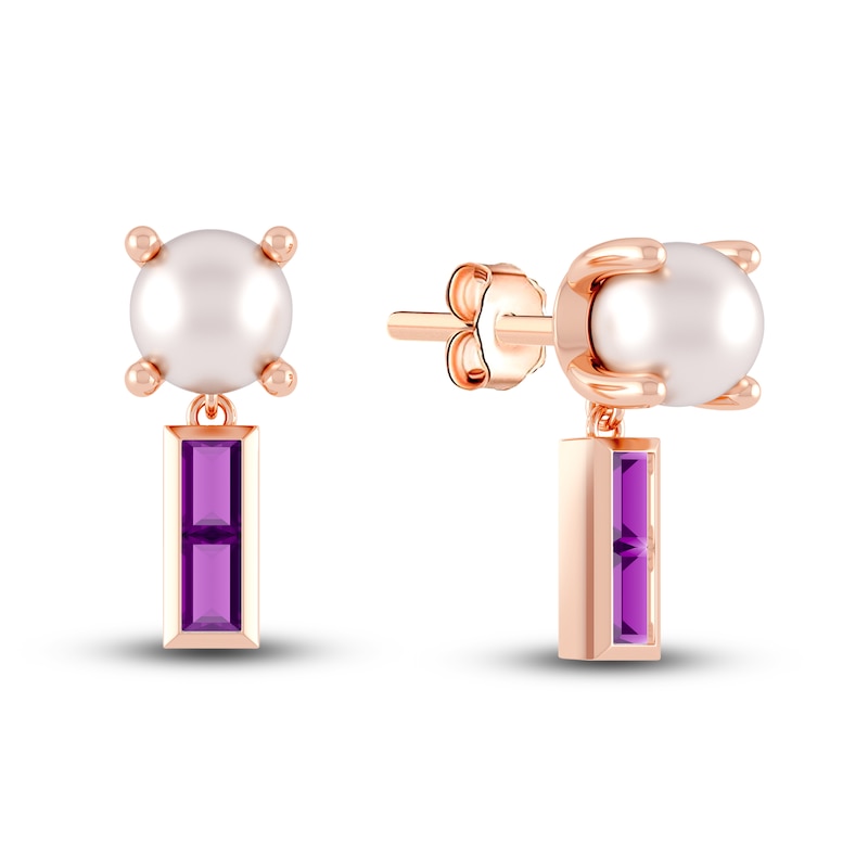 Main Image 1 of Juliette Maison Natural Amethyst Baguette and Freshwater Cultured Pearl Earrings 10K Rose Gold