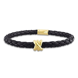 Y-Knot Men's Woven Black Leather Bracelet 14K Yellow Gold 9"