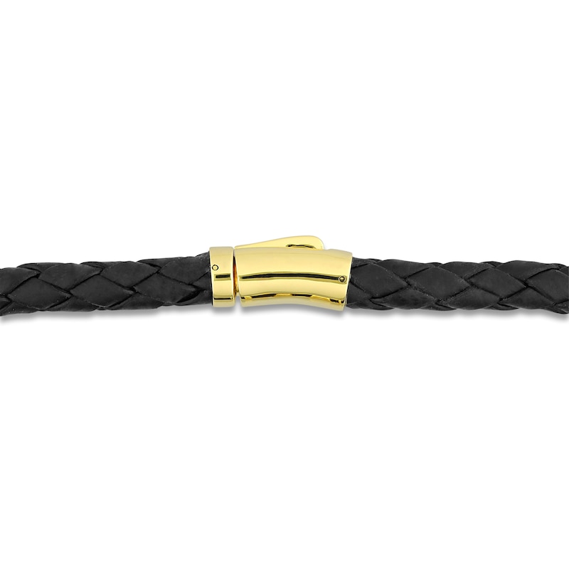 Main Image 2 of Y-Knot Men's Woven Black Leather Bracelet 14K Yellow Gold 9"