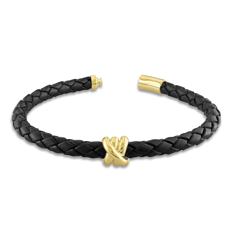 Main Image 3 of Y-Knot Men's Woven Black Leather Bracelet 14K Yellow Gold 9"