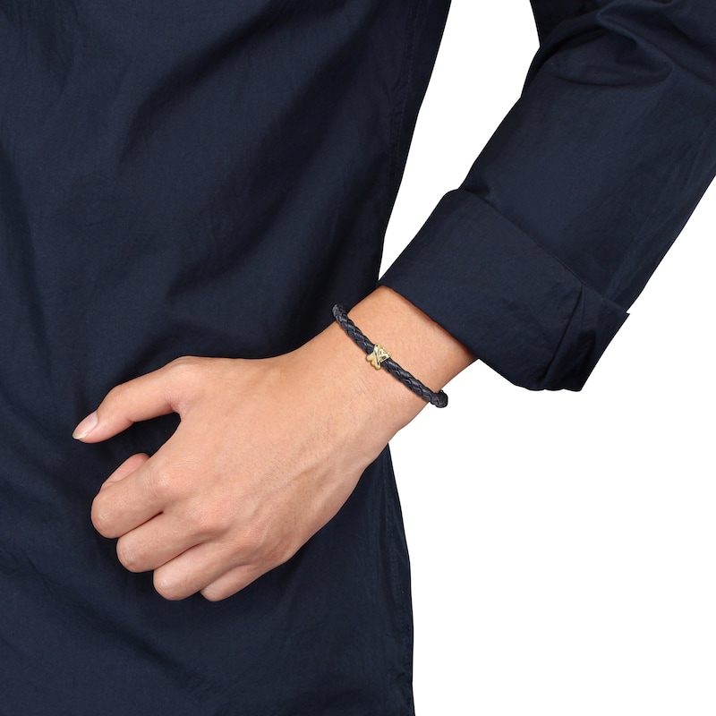 Main Image 5 of Y-Knot Men's Woven Black Leather Bracelet 14K Yellow Gold 9"