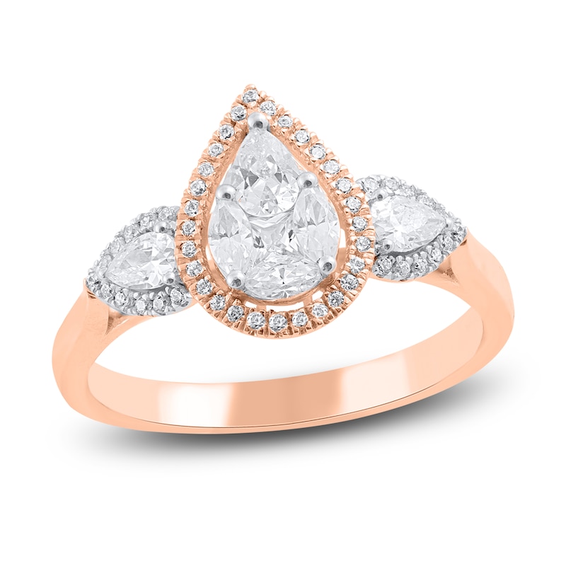 Main Image 1 of Round, Princess, Marquise & Pear-Cut Diamond 3-Stone Halo Ring 3/4 ct tw 14K Rose Gold