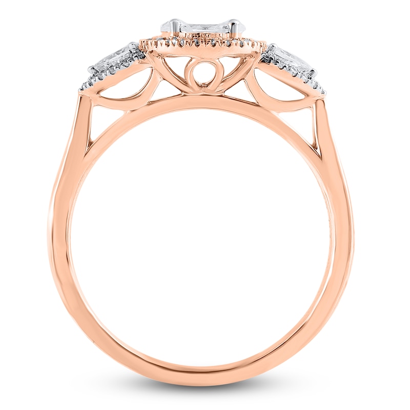 Main Image 2 of Round, Princess, Marquise & Pear-Cut Diamond 3-Stone Halo Ring 3/4 ct tw 14K Rose Gold