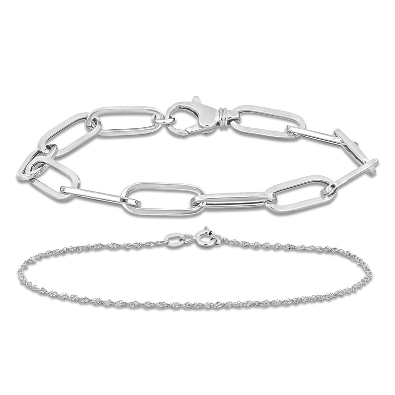 Oval-Link & Singapore Chain Bracelet Set 14K White Gold