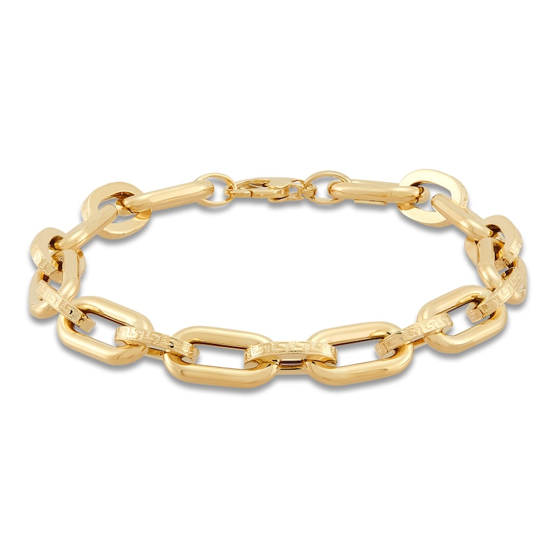 Main Image 1 of Hollow Oval Link Greek Key Bracelet 8.3mm 14K Yellow Gold 7.5"