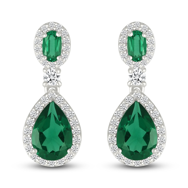 Main Image 1 of Oval-Cut & Pear-Shaped Lab-Created Emerald & White Lab-Created Sapphire Drop Earrings Sterling Silver