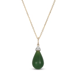 Pear-Shaped Natural Nephrite Jade & Diamond Necklace 1/20 ct tw 14K Yellow Gold 18"