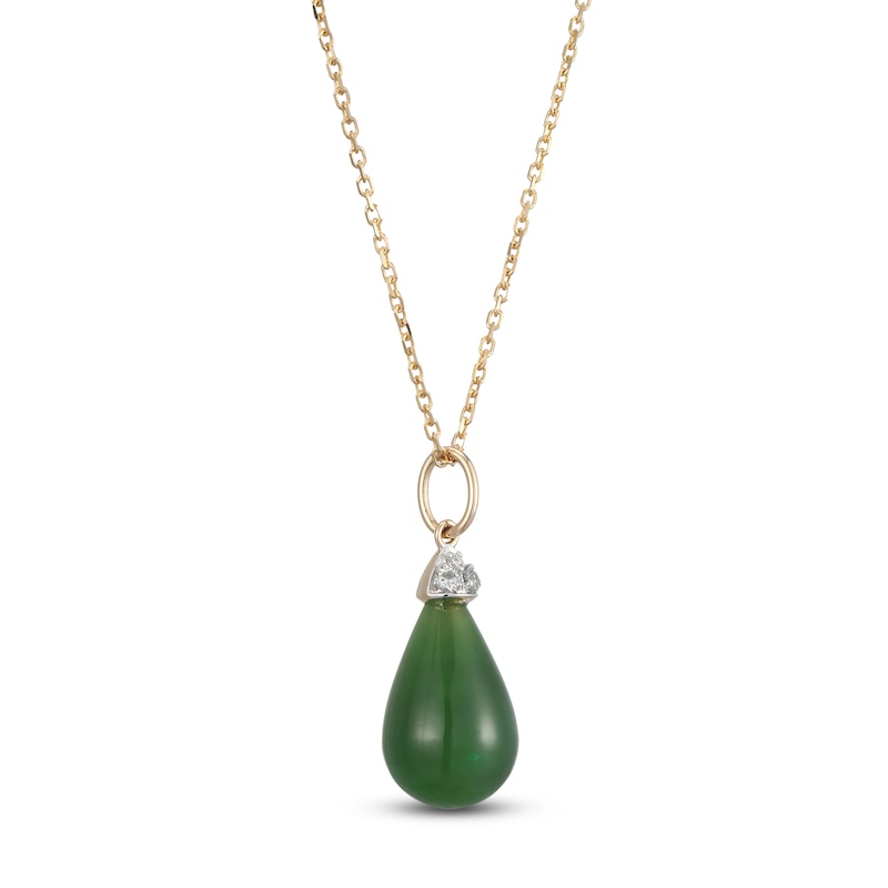 Main Image 2 of Pear-Shaped Natural Nephrite Jade & Diamond Necklace 1/20 ct tw 14K Yellow Gold 18"
