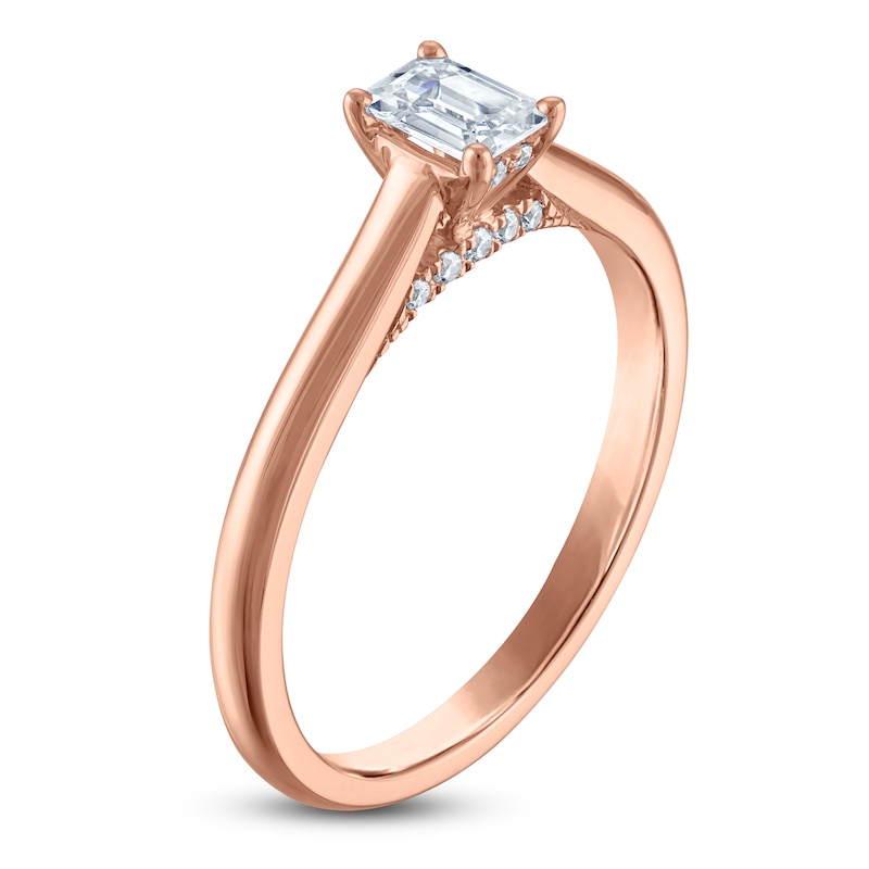Main Image 2 of Emerald-Cut Lab-Grown Diamond Solitaire Plus Engagement Ring 1/2 ct tw 18K Rose Gold (VS2/F)