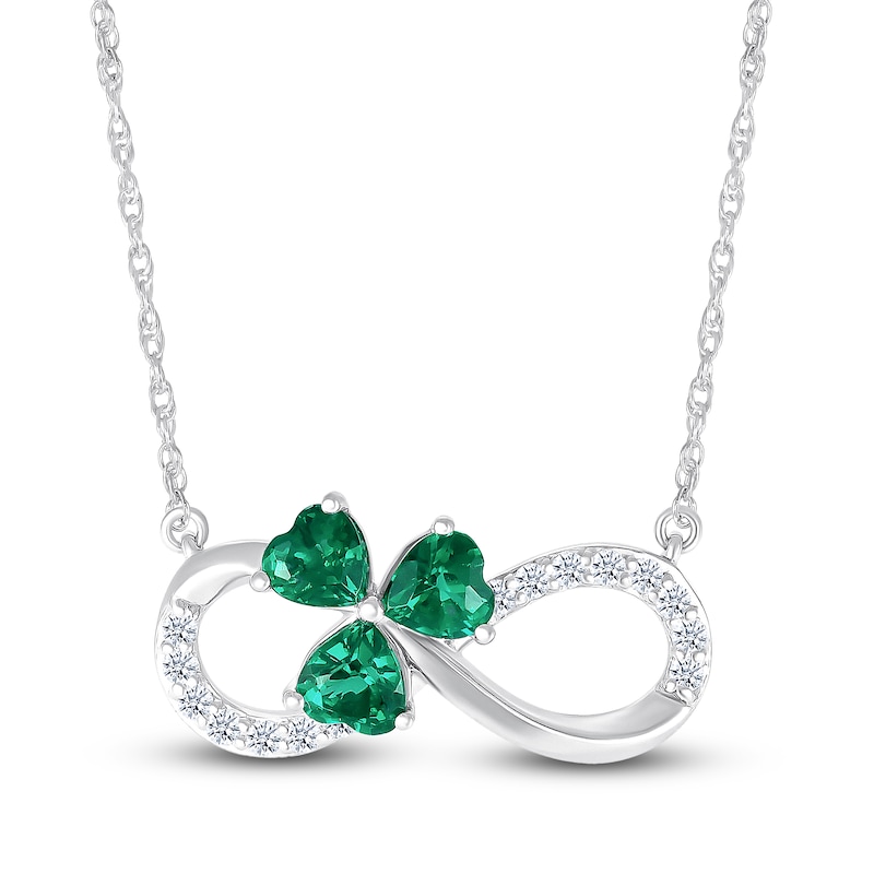 Main Image 1 of Heart-Shaped Lab-Created Emerald & White Lab-Created Sapphire Shamrock Infinity Necklace Sterling Silver 18"