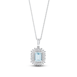 Rectangle-Cut Natural Aquamarine, Baguette & Round-Cut Diamond Pendant Necklace 1/4 ct tw 14K White Gold 18"