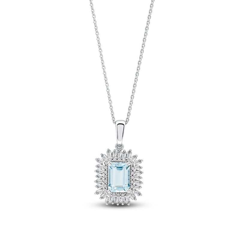 Main Image 1 of Rectangle-Cut Natural Aquamarine, Baguette & Round-Cut Diamond Pendant Necklace 1/4 ct tw 14K White Gold 18"