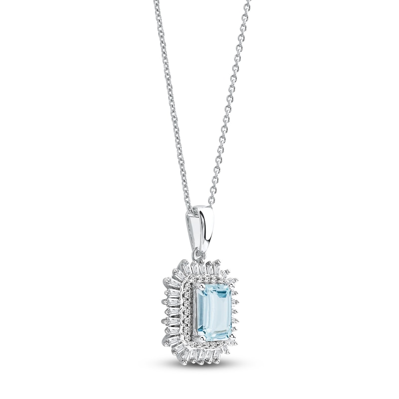 Main Image 2 of Rectangle-Cut Natural Aquamarine, Baguette & Round-Cut Diamond Pendant Necklace 1/4 ct tw 14K White Gold 18"
