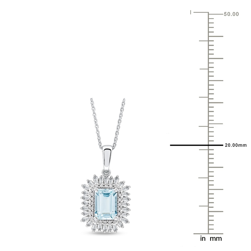 Main Image 4 of Rectangle-Cut Natural Aquamarine, Baguette & Round-Cut Diamond Pendant Necklace 1/4 ct tw 14K White Gold 18"