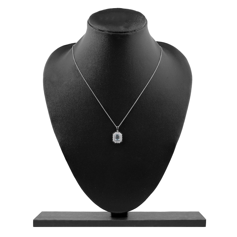 Main Image 7 of Rectangle-Cut Natural Aquamarine, Baguette & Round-Cut Diamond Pendant Necklace 1/4 ct tw 14K White Gold 18"