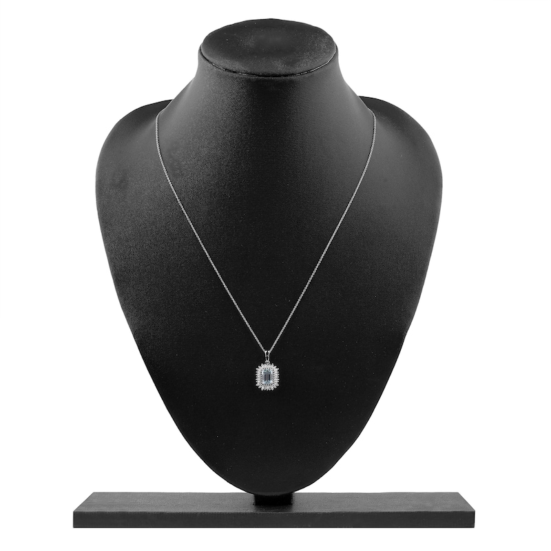 Main Image 8 of Rectangle-Cut Natural Aquamarine, Baguette & Round-Cut Diamond Pendant Necklace 1/4 ct tw 14K White Gold 18"