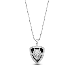 Men's Natural Black Onyx & Diamond Wolf Shield Necklace 1/4 ct tw Sterling Silver 24"