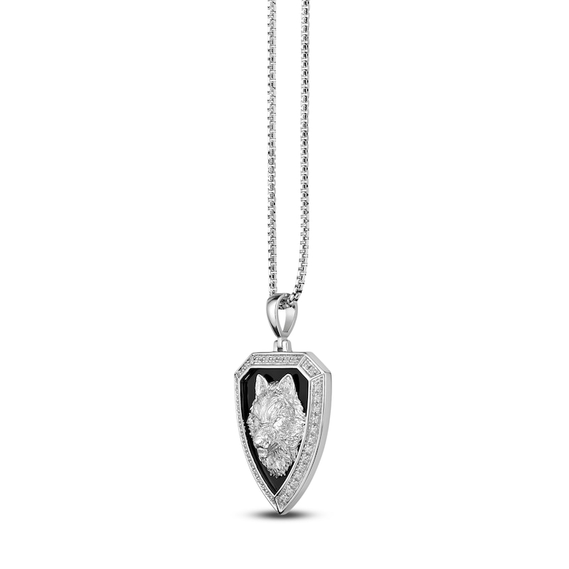 Main Image 2 of Men's Natural Black Onyx & Diamond Wolf Shield Necklace 1/4 ct tw Sterling Silver 24"