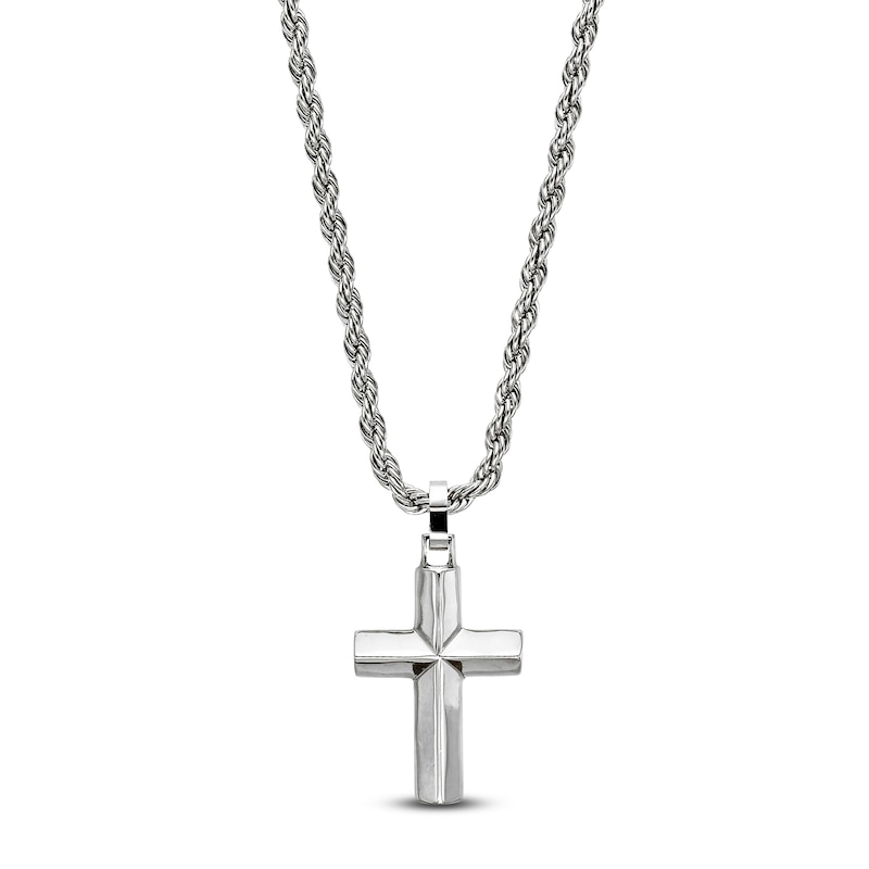 Main Image 1 of Men's Beveled Cross Necklace Stainless Steel 22"