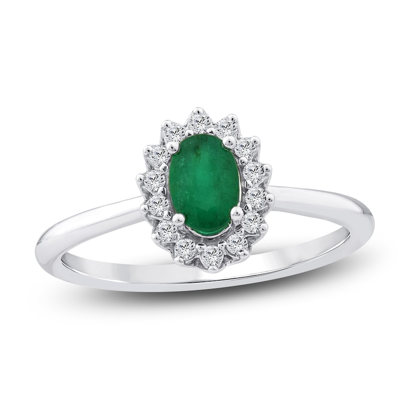 Main Image 1 of Oval-Cut Natural Emerald & Diamond Halo Ring 1/8 ct tw 14K White Gold