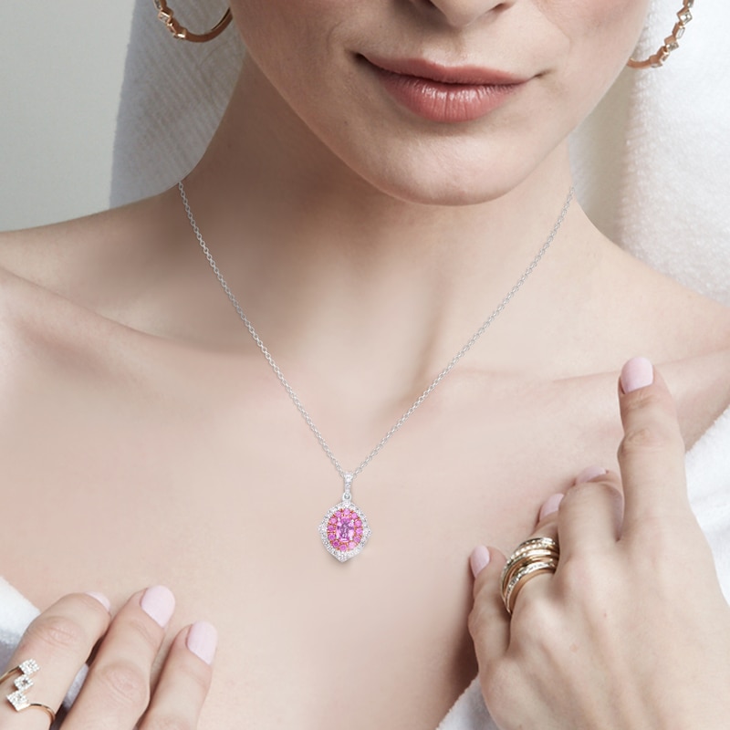 Main Image 5 of Kallati Oval-Cut Natural Pink Sapphire & Diamond Necklace 1/4 ct tw 14K White Gold 18"