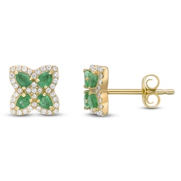 Pear-Shaped Natural Emerald & Diamond Flower Stud Earrings 1/4 ct tw 10K Yellow Gold