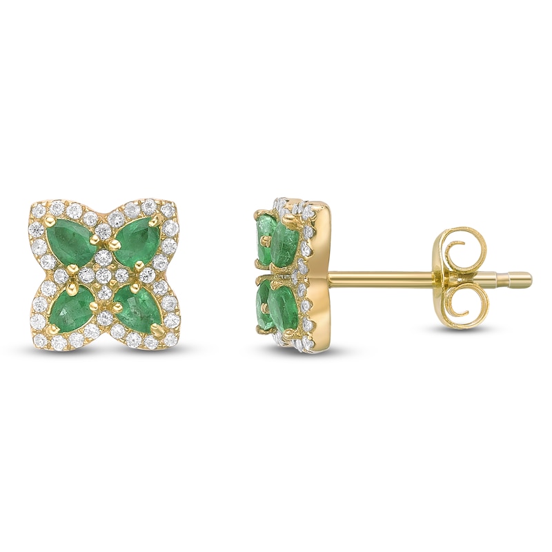 Main Image 1 of Pear-Shaped Natural Emerald & Diamond Flower Stud Earrings 1/4 ct tw 10K Yellow Gold