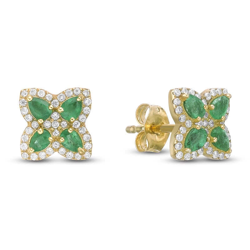Main Image 3 of Pear-Shaped Natural Emerald & Diamond Flower Stud Earrings 1/4 ct tw 10K Yellow Gold