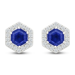 Hexagon-Cut Blue & White Lab-Created Sapphire Halo Stud Earrings Sterling Silver