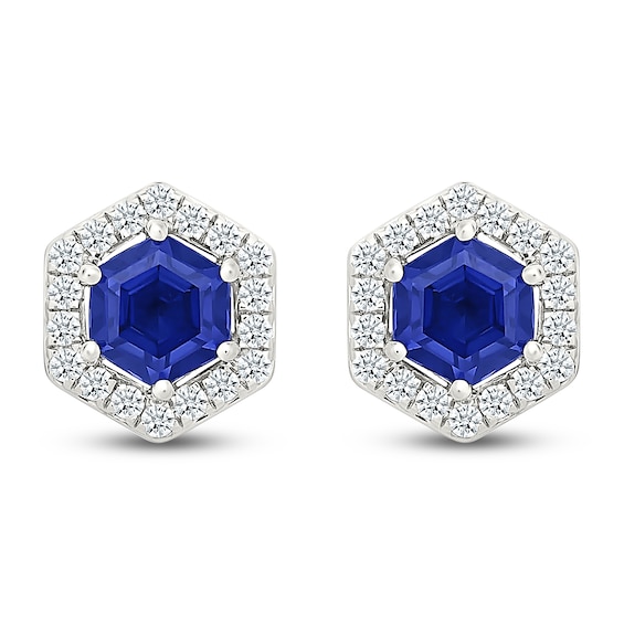 Hexagon-Cut Blue & White Lab-Created Sapphire Halo Stud Earrings Sterling Silver