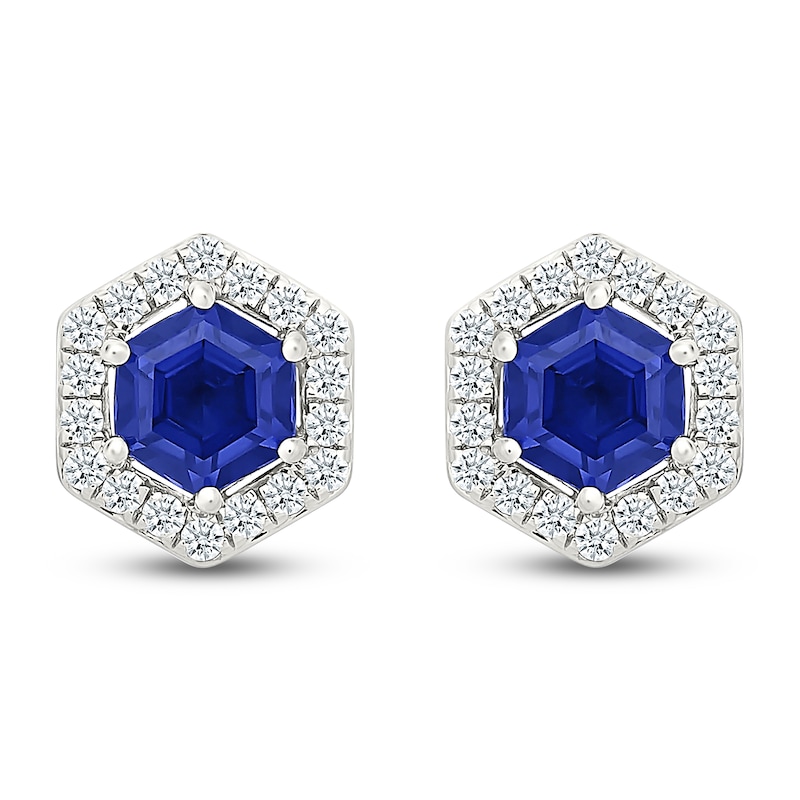 Main Image 1 of Hexagon-Cut Blue & White Lab-Created Sapphire Halo Stud Earrings Sterling Silver