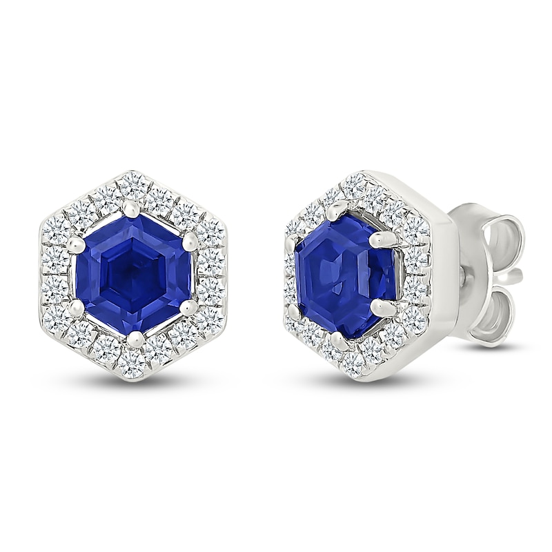 Main Image 2 of Hexagon-Cut Blue & White Lab-Created Sapphire Halo Stud Earrings Sterling Silver