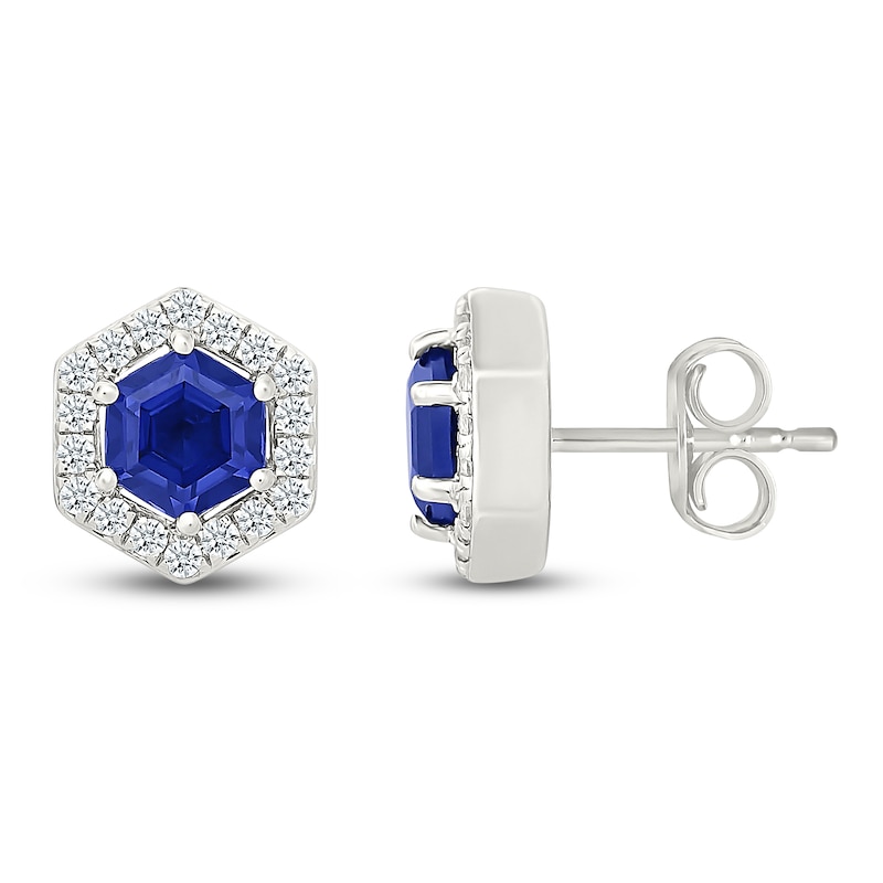 Main Image 3 of Hexagon-Cut Blue & White Lab-Created Sapphire Halo Stud Earrings Sterling Silver