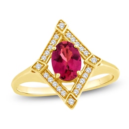 Oval-Cut Natural Brazilian Cruzeiro Pink Tourmaline & Diamond Frame Ring 1/10 ct tw 14K Yellow Gold